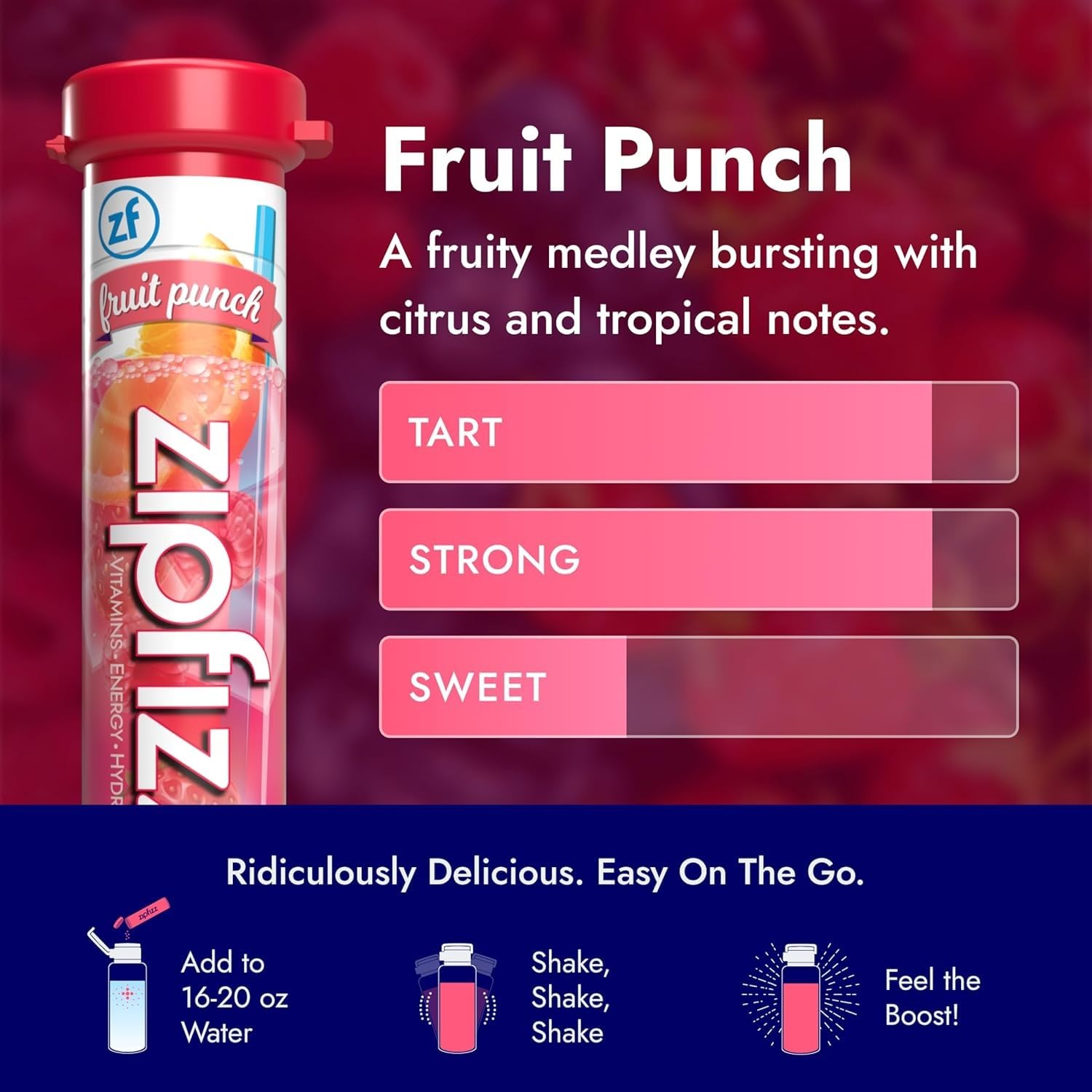 Detalle de la etiqueta de Zipfizz con información nutricional y vitaminas principales