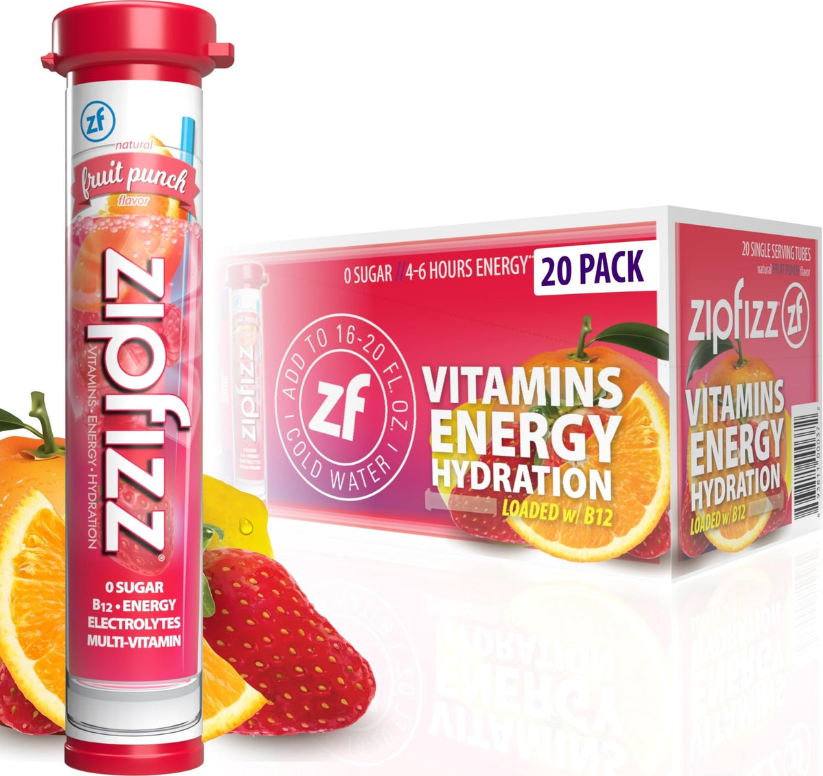 Zipfizz frontal del paquete Fruit Punch mostrando cantidad de 20 sobres y beneficios