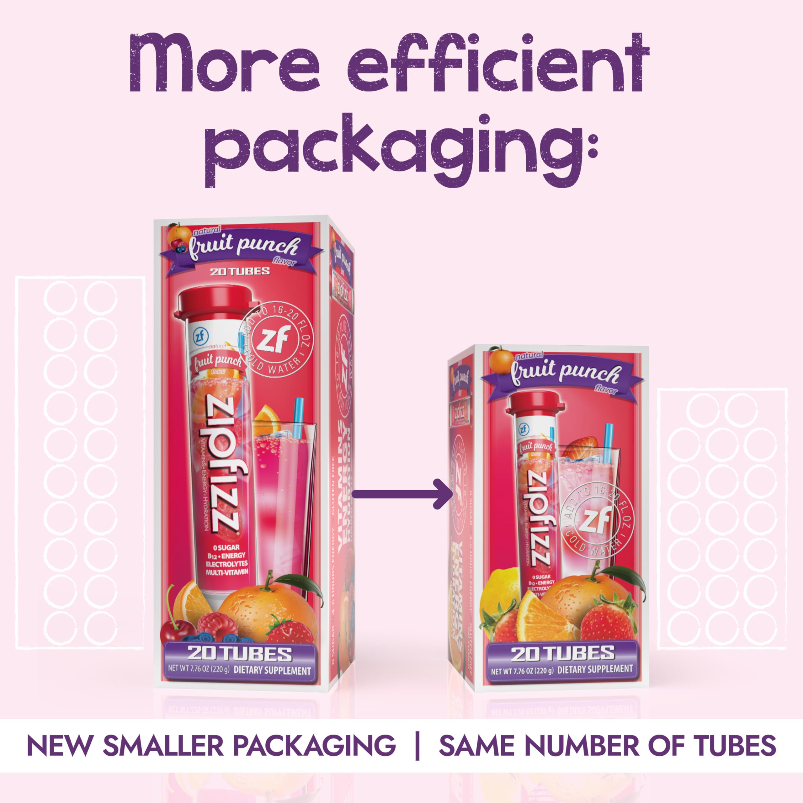 Sobre abierto de Zipfizz Fruit Punch con polvo visible, mezcla fácil y sin azúcar