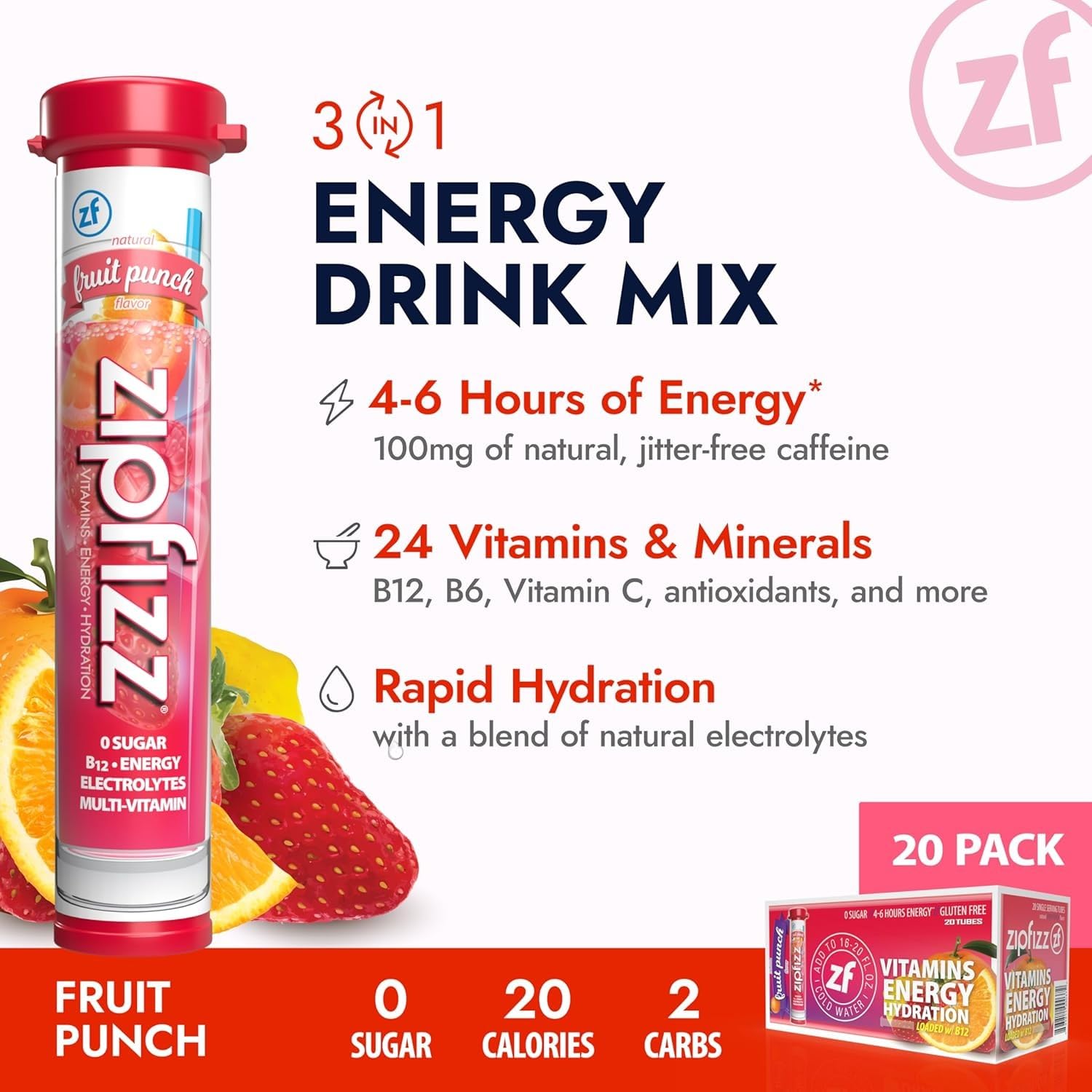Vaso con Zipfizz Fruit Punch efervescente mostrando disolución rápida y refresco