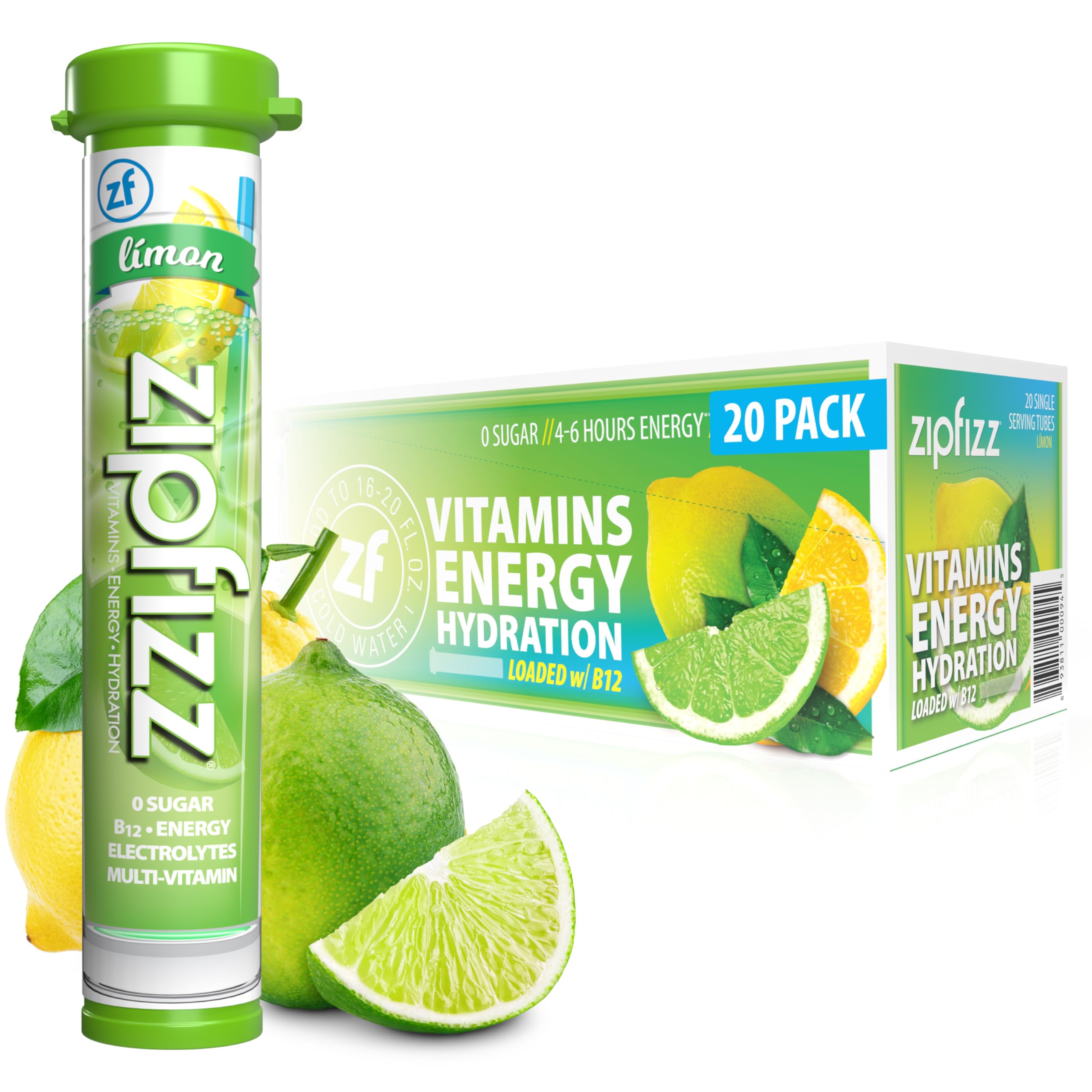 Zipfizz Limon frente del empaque mostrando 20 sobres y beneficios