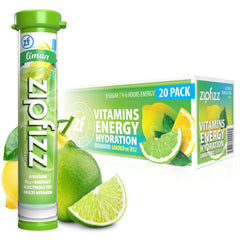 Zipfizz Limon frente del empaque mostrando 20 sobres y beneficios