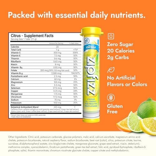 Zipfizz nutrition label close-up showing caffeine and vitamin content, Zipfizz informs ingredient choices