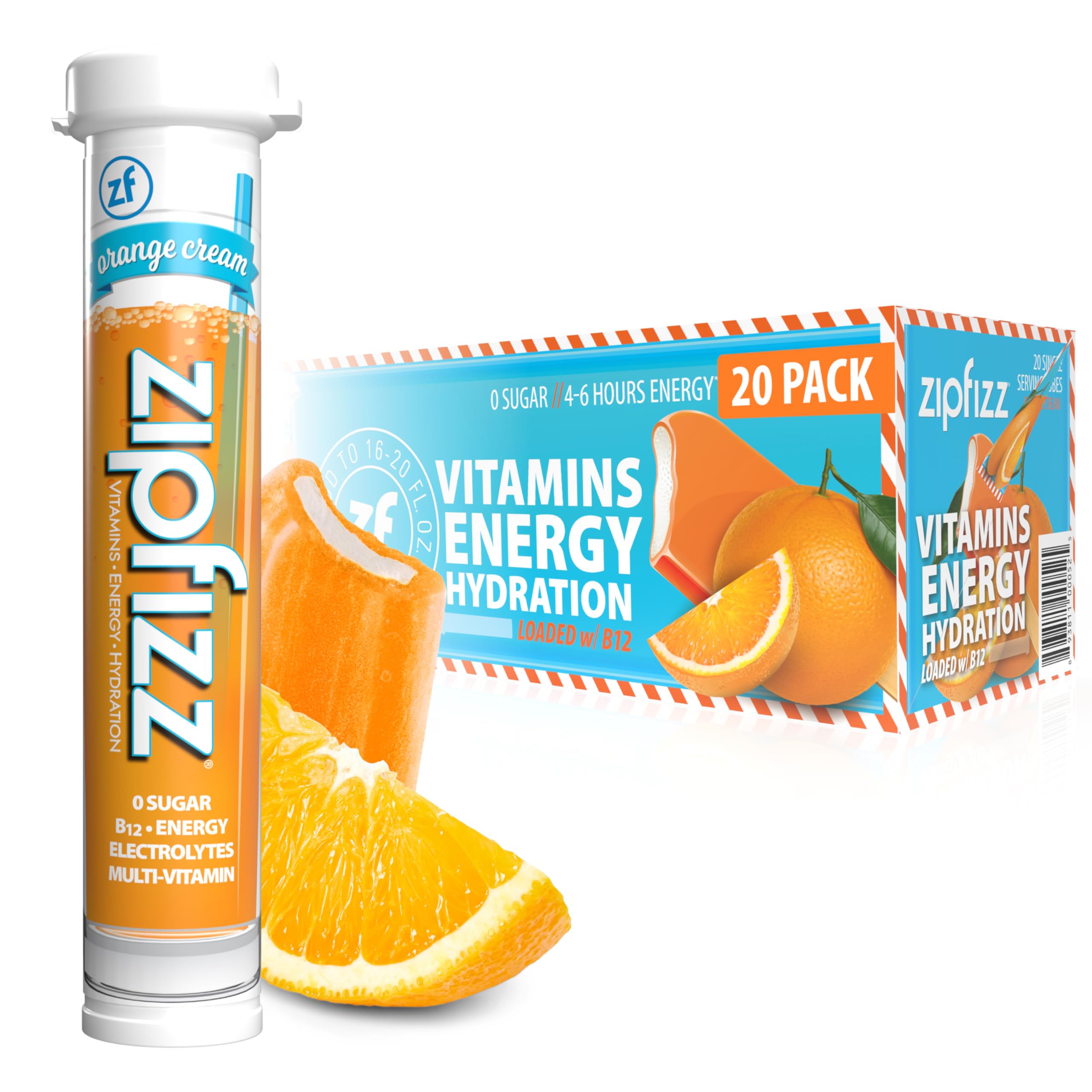 Zipfizz envase frontal mostrando 20 sobres y marca Zipfizz, conveniente para energía