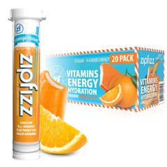 Zipfizz envase frontal mostrando 20 sobres y marca Zipfizz, conveniente para energía