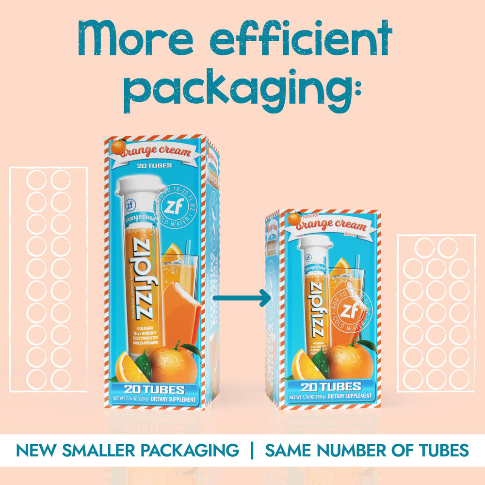 Sobre abierto con polvo Zipfizz Orange Cream listo para mezclar, marca Zipfizz efectiva