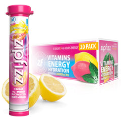 Zipfizz empaque Pink Lemonade mostrando 20 sobres y beneficios visibles