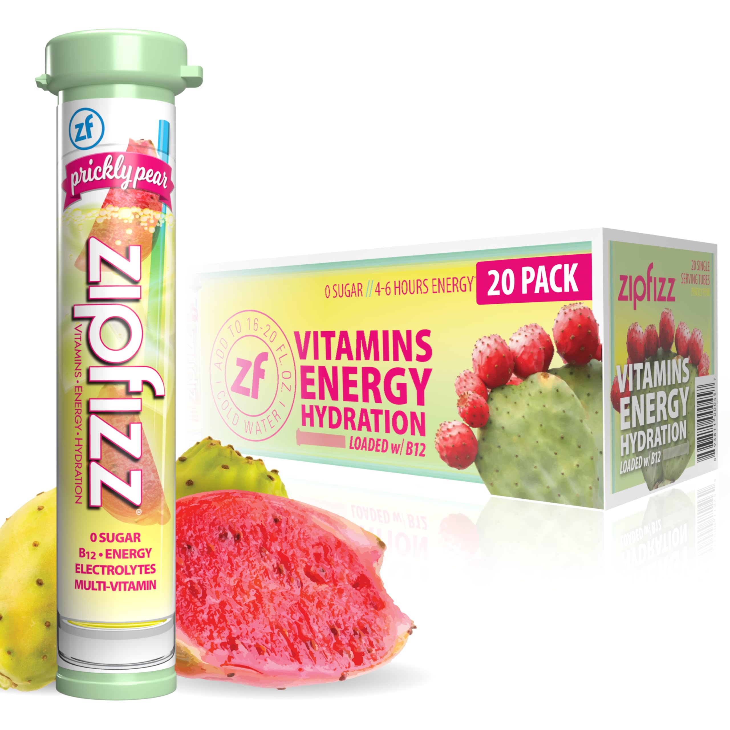 Zipfizz frente del empaque mostrando 20 sobres y sabor prickly pear
