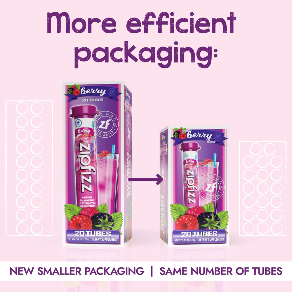 Zipfizz sobre abierto con polvo berry listo para mezclar; conveniencia portátil