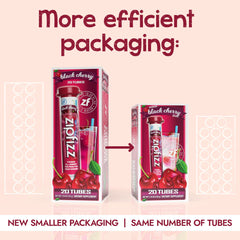 Zipfizz tubo abierto con polvo visible y porción lista para mezclar