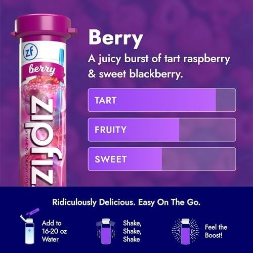 Vaso lleno de Zipfizz Berry espumoso destacando sabor refrescante y vitaminas