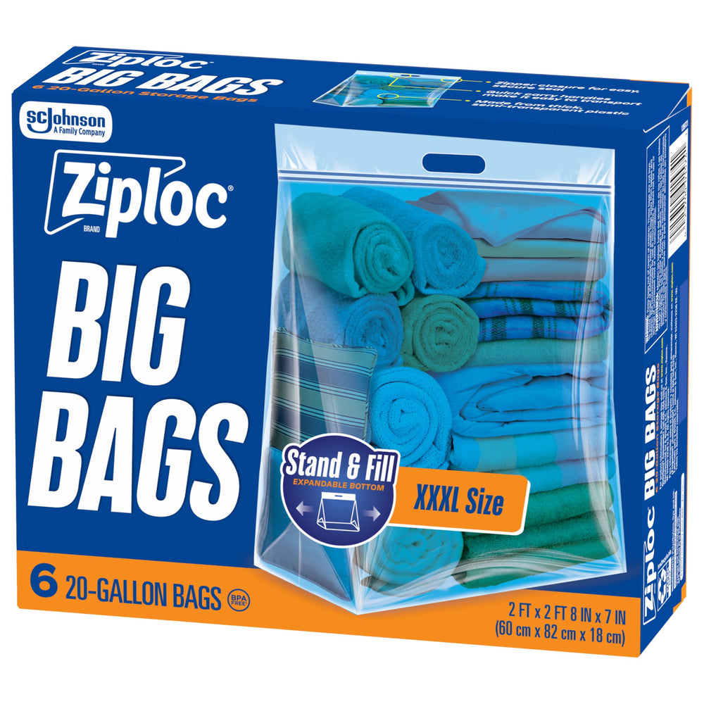 Ziploc bolsa Big Bags frente del empaque mostrando 6 unidades y ventaja de almacenamiento