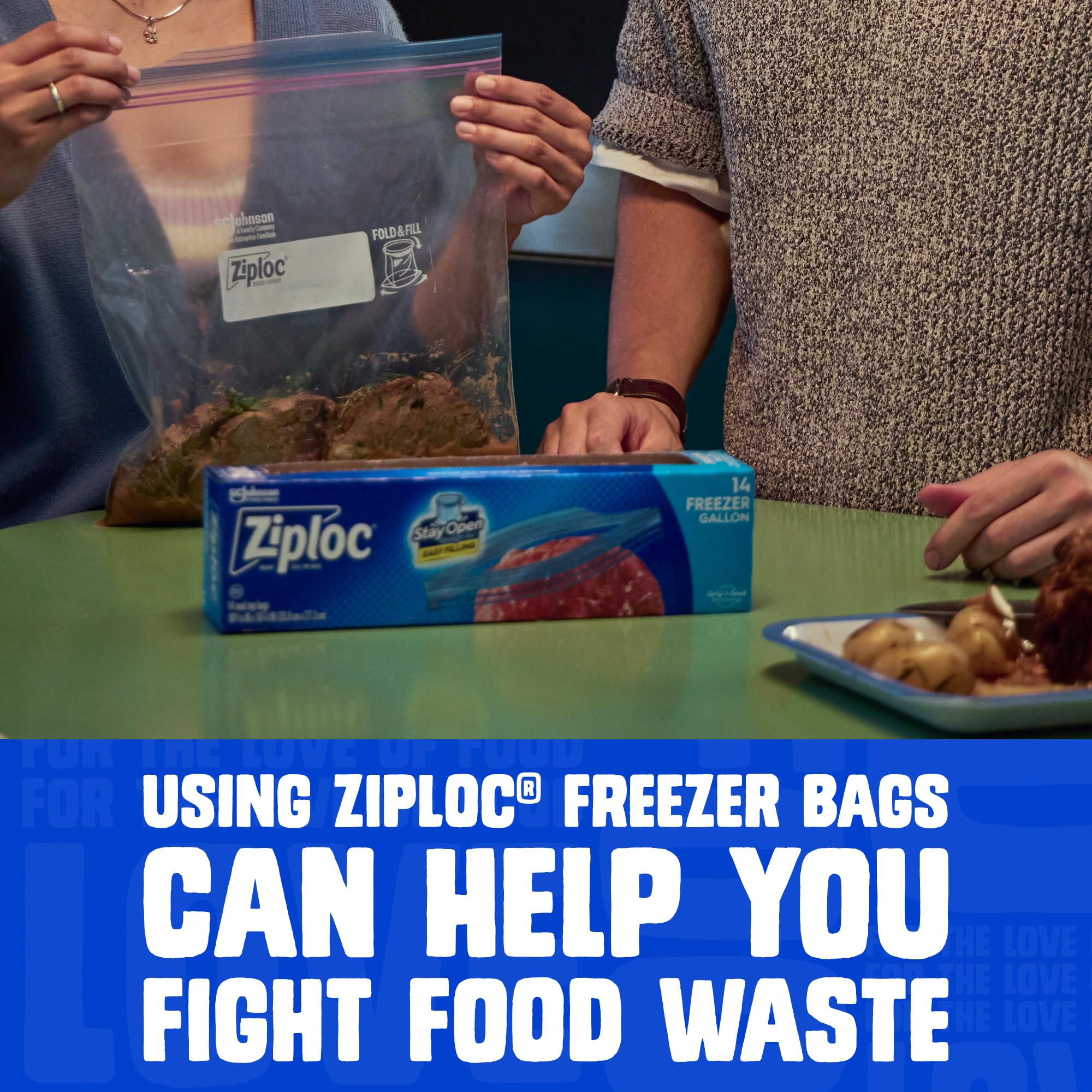 Ziploc bolsa con comida congelada mostrando protección prolongada
