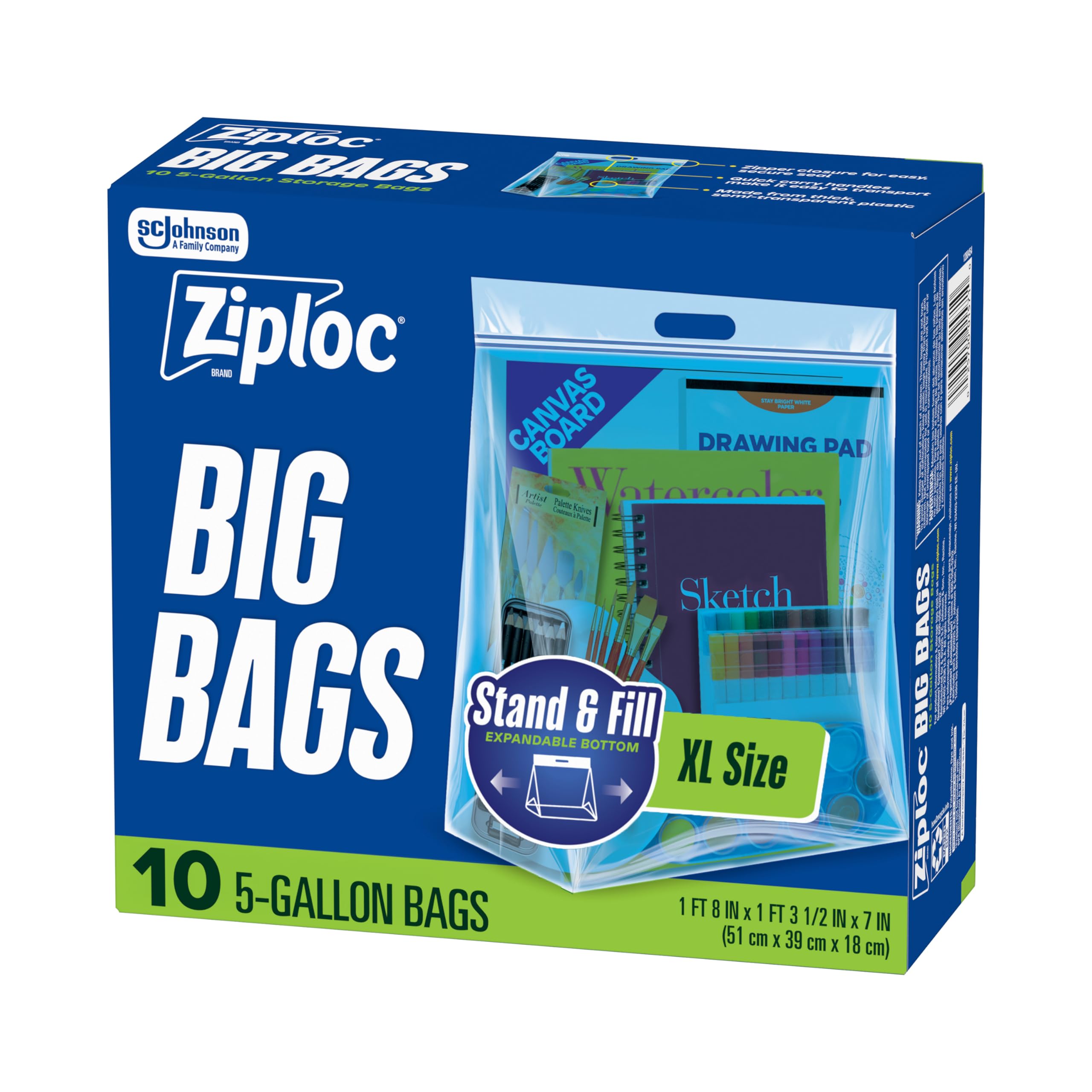 Ziploc bolsa pack frontal mostrando capacidad y cierre, facilita organización