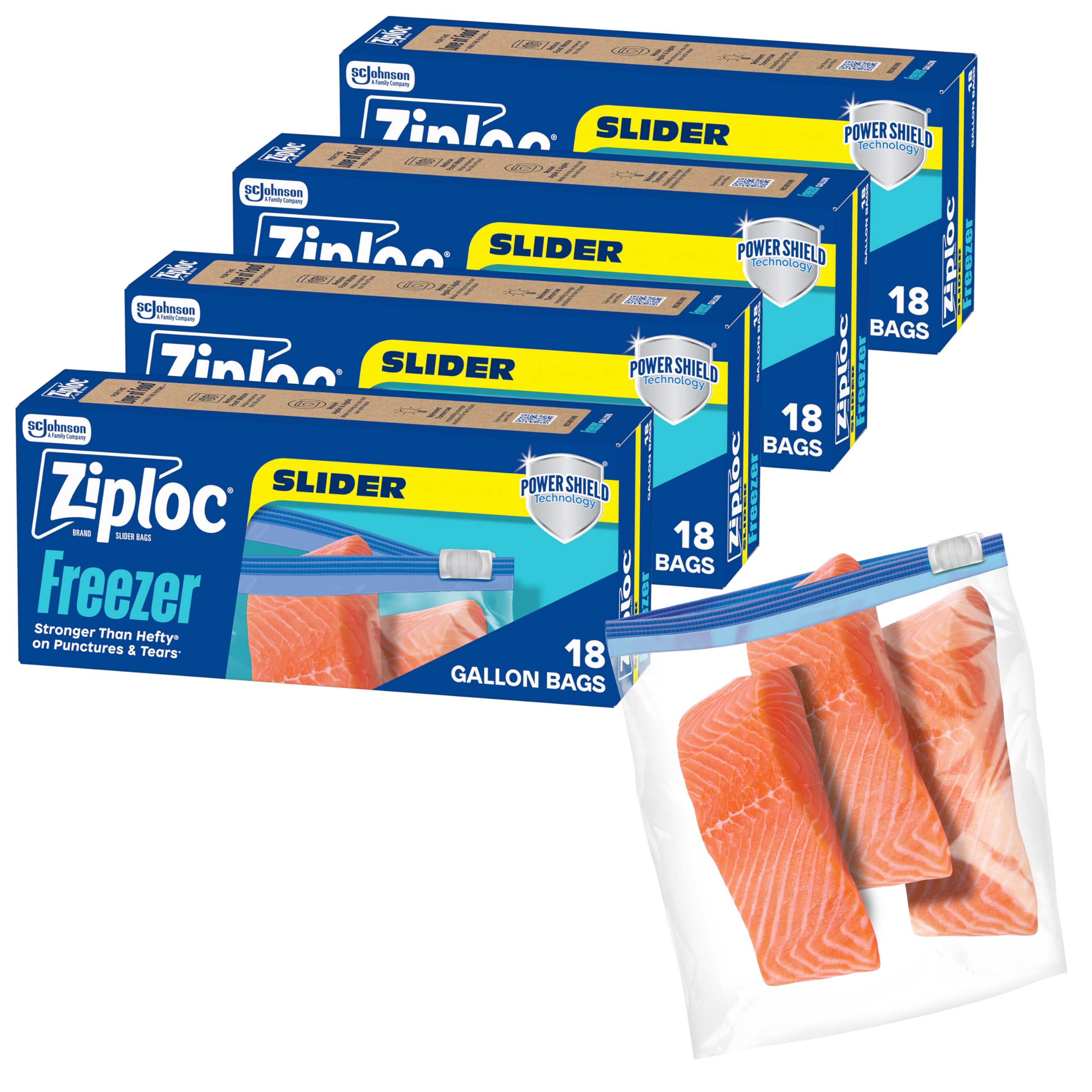 Ziploc frente del paquete galón mostrando 72 unidades y conveniencia