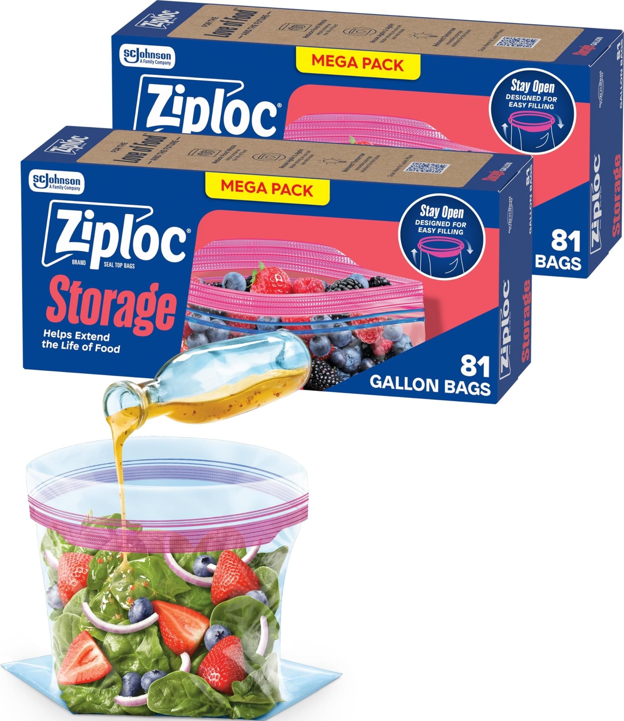 Ziploc frente del paquete Gallon mostrando cantidad y beneficios