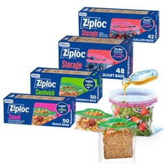 Ziploc vista frontal del paquete completo mostrando cantidades y beneficios