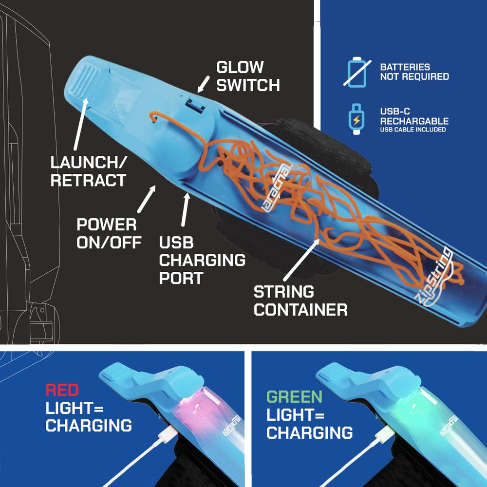 ZipString Aracna glowing strings at night showing vivid nighttime play visibility