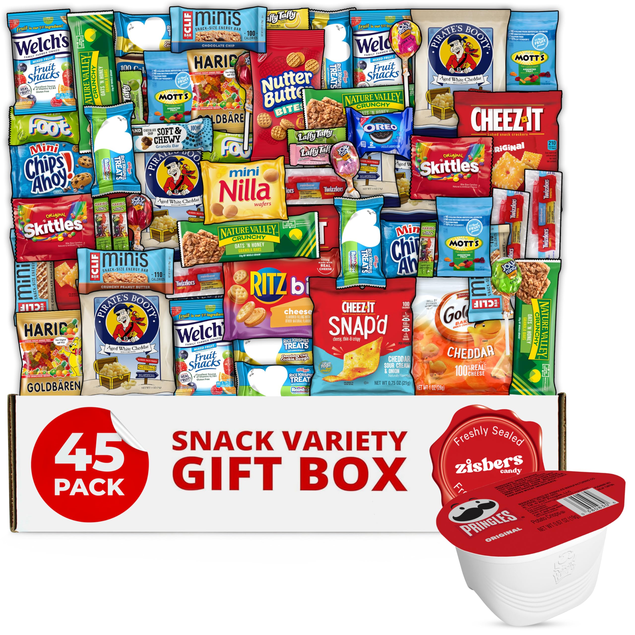 Zisbers caja frontal abierta mostrando 45 snacks variados, ideal para regalar