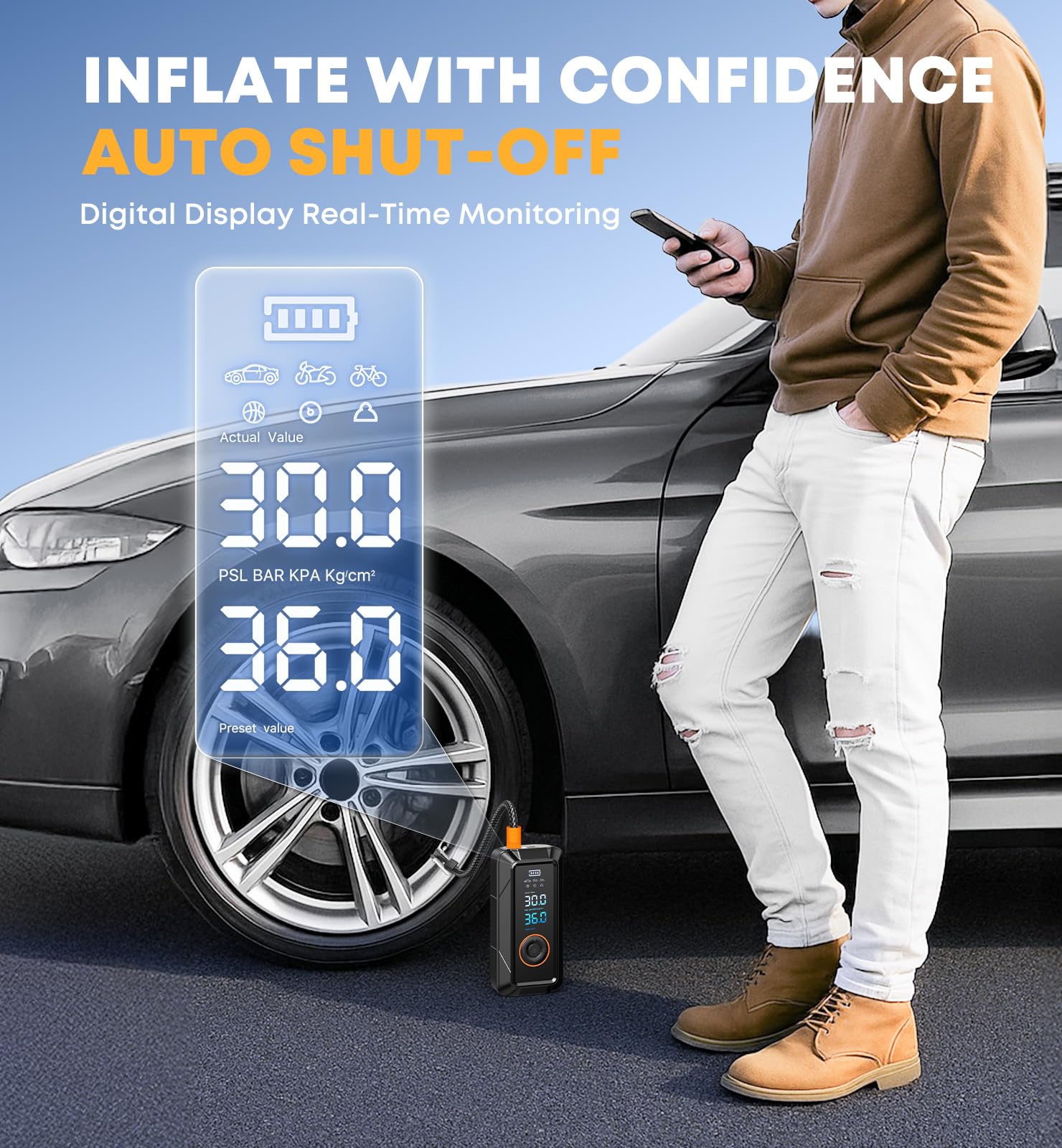 Ziweo connected to 12V outlet and battery mode for extended inflation
