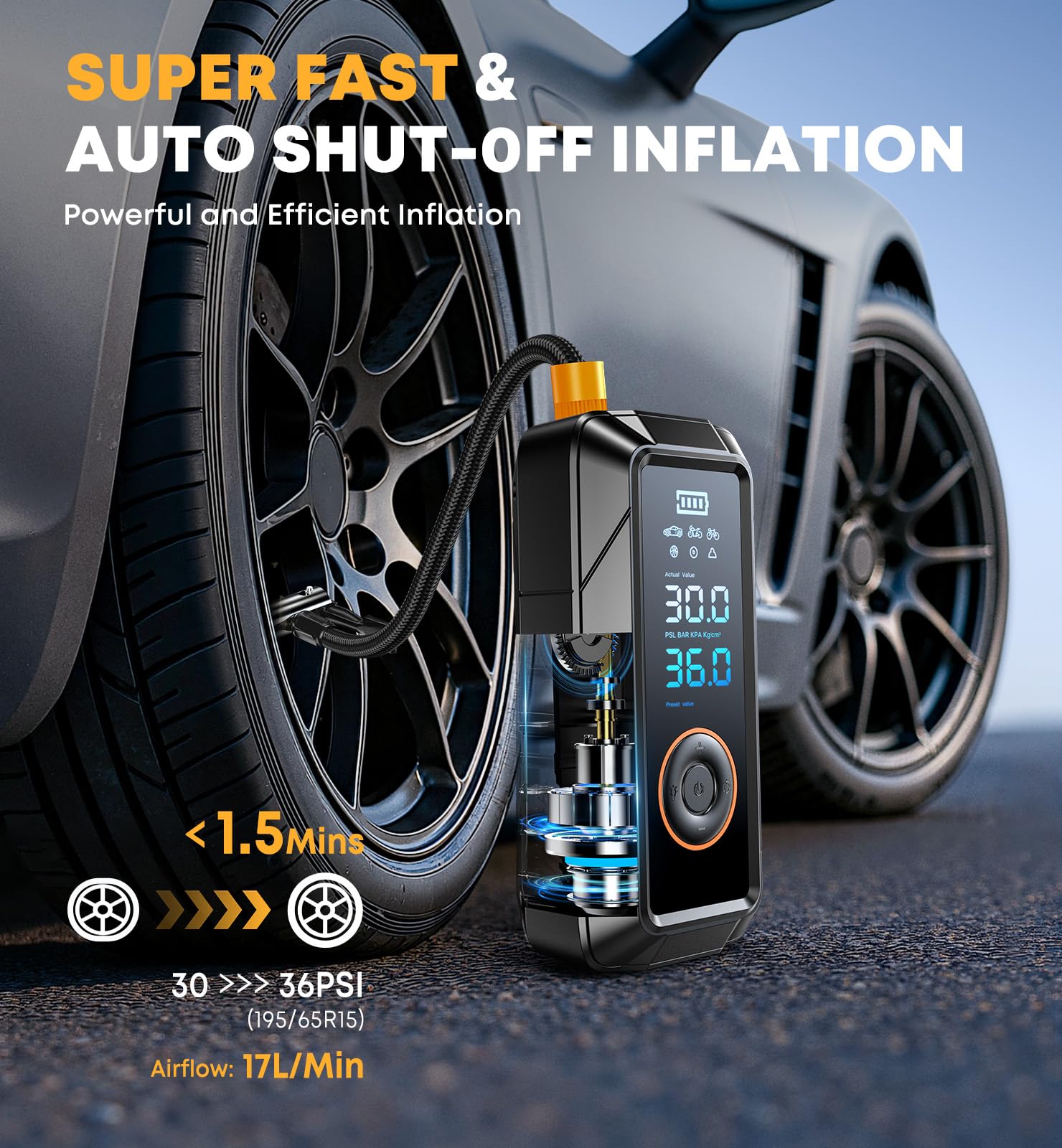 Ziweo inflator attached to a car tire demonstrating fast roadside top-up