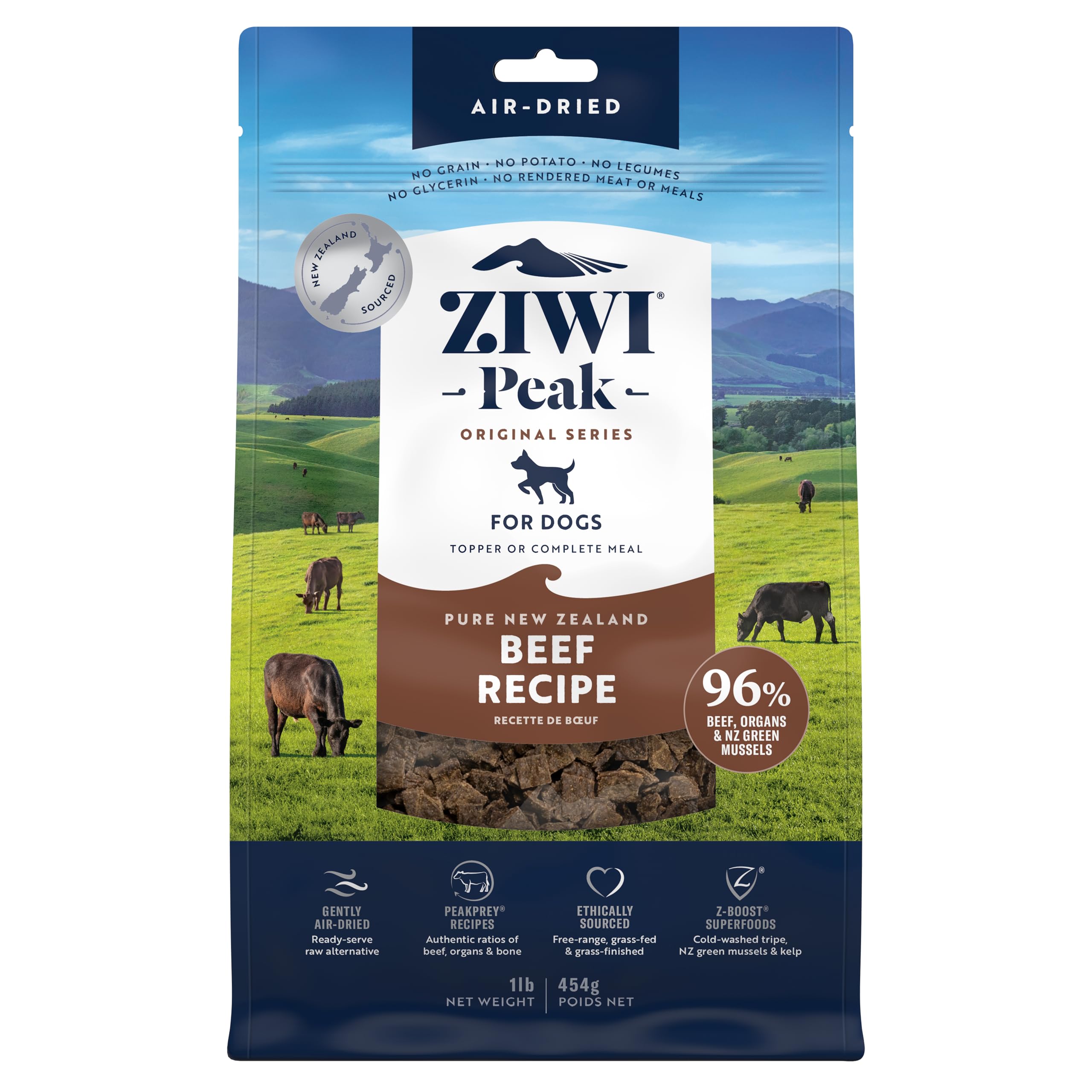 ZIWI empaque frontal Beef 16oz mostrando beneficios naturales