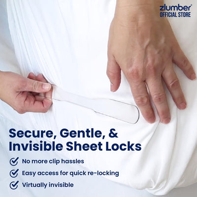 Zlumber holding a fitted sheet taut during sleep for smoother bed benefit
