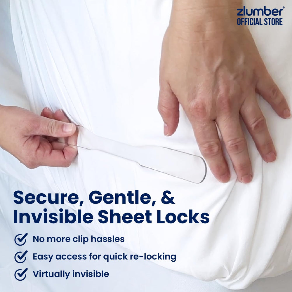 Zlumber holding a fitted sheet taut during sleep for smoother bed benefit