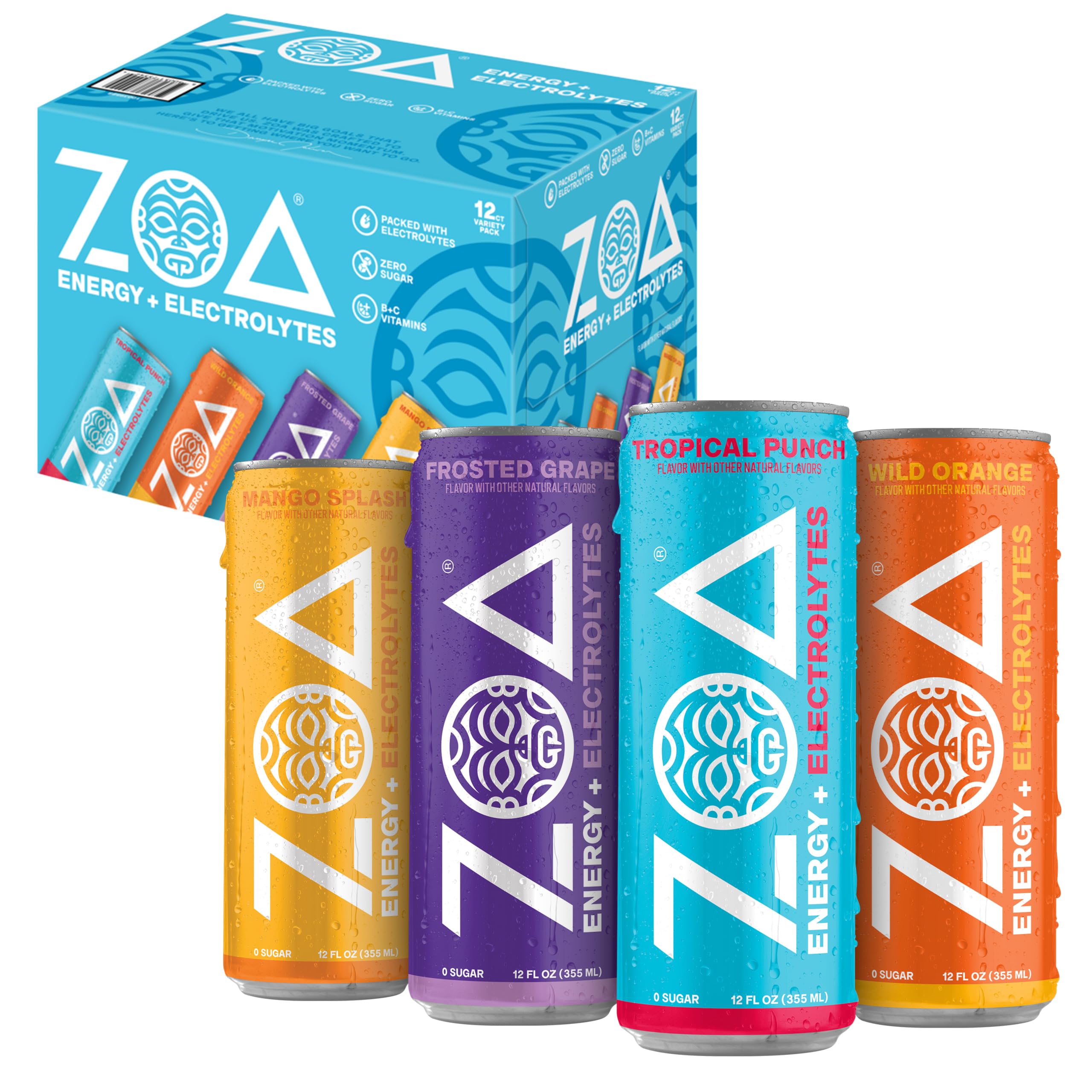ZOA pack frontal de 12 latas mostrando variedad y conveniencia
