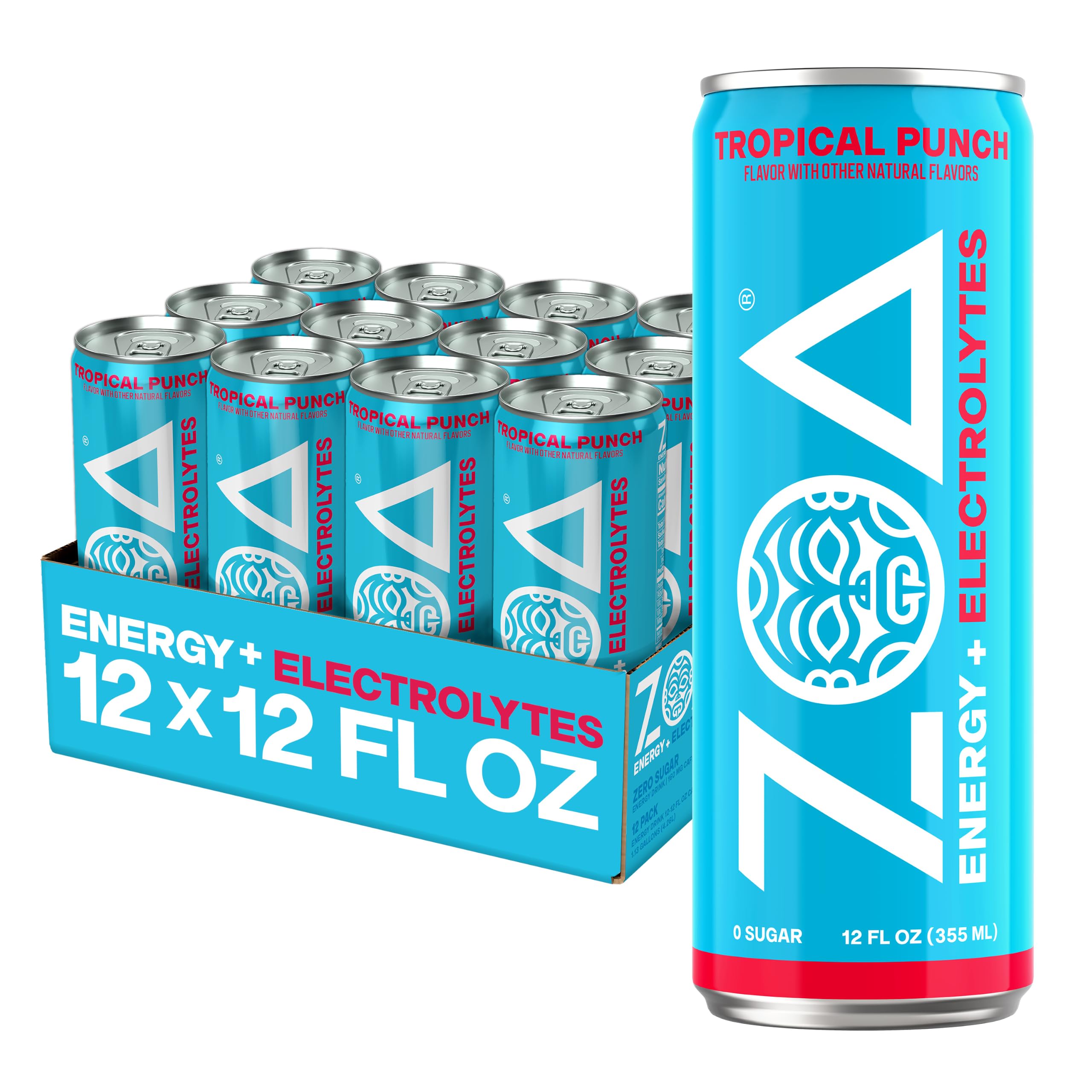 ZOA Tropical Punch front packaging showing bright can and branding benefit energizes