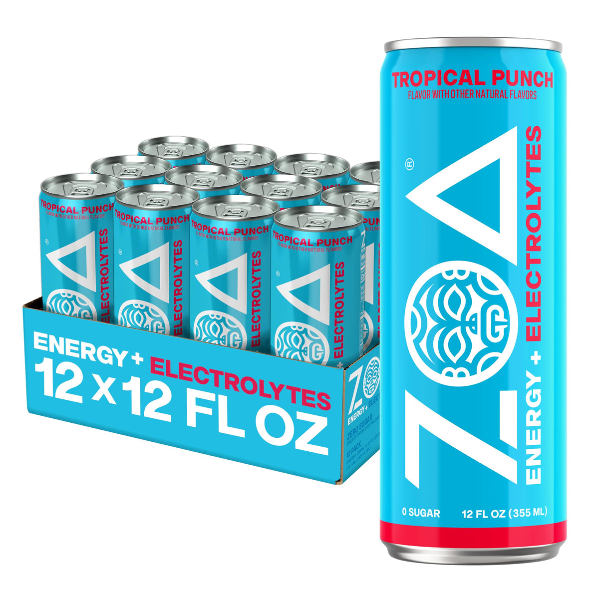 ZOA Tropical Punch front packaging showing bright can and branding benefit energizes