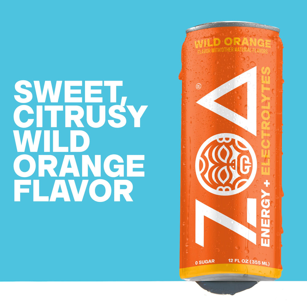 ZOA wild orange side view of can nutritional label highlighting vitamins and electrolytes
