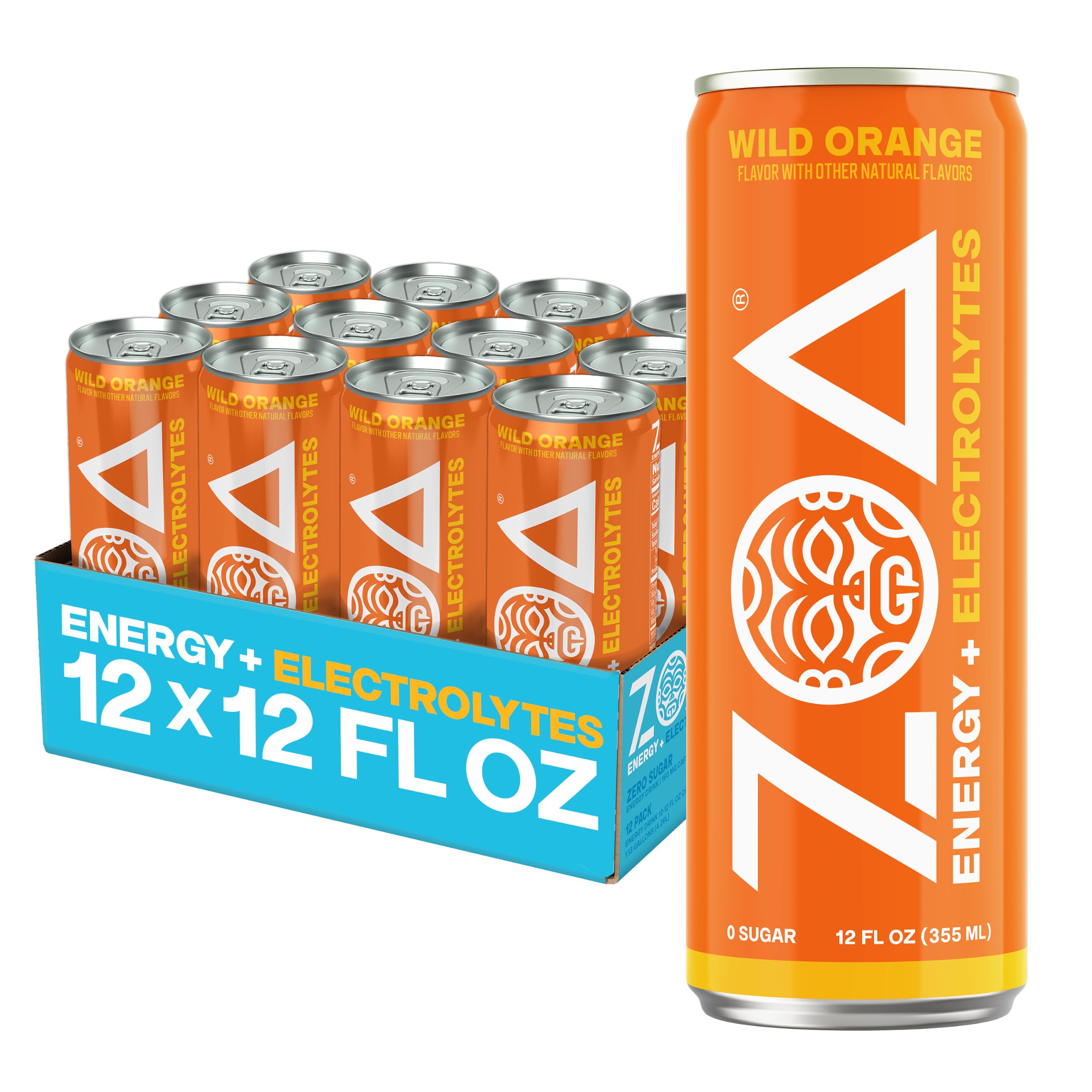 ZOA wild orange front packaging showing vibrant can and brand clarity, energizes taste