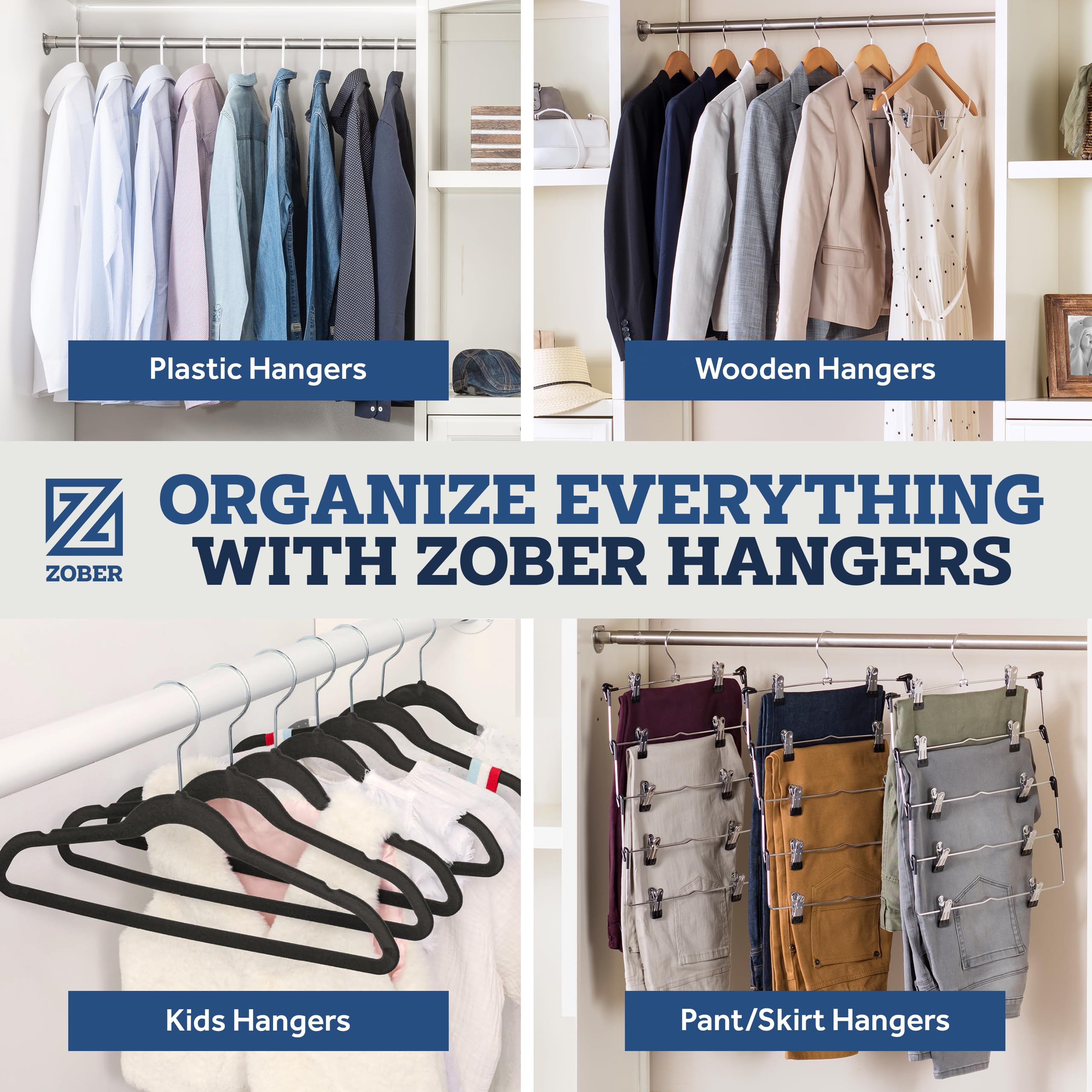 ZOBER lifestyle con percha exhibiendo ropa elegante en armario