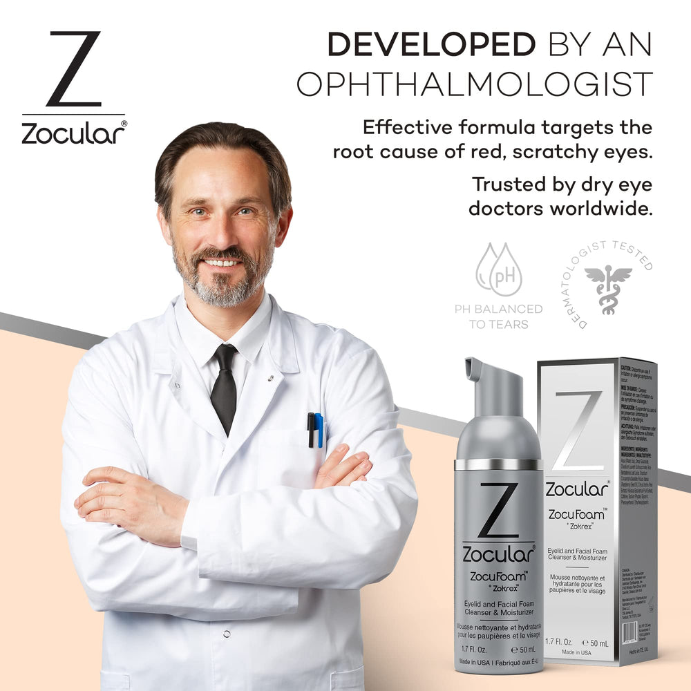 Zocular ZocuFoam en ambiente de baño transmitiendo rutina diaria refrescante y ordenada