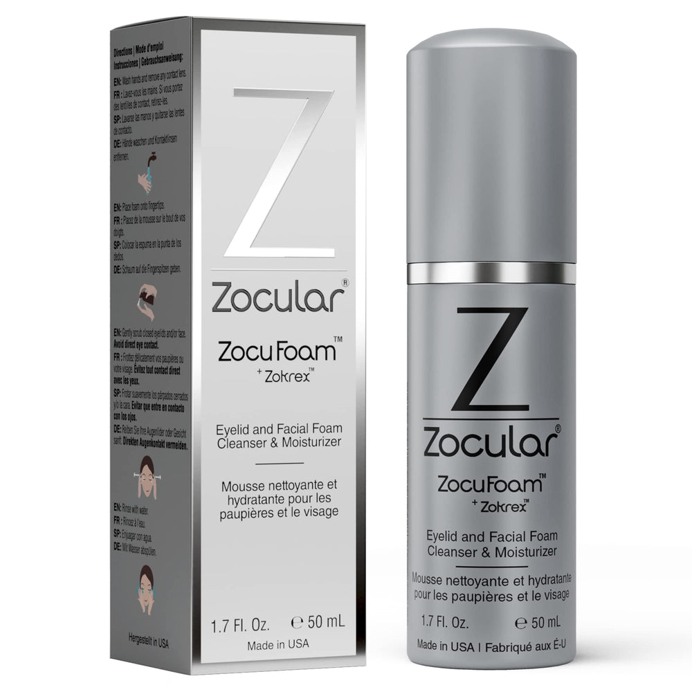 Zocular ZocuFoam frente del envase mostrando 50 mL y diseño claro beneficios de limpieza