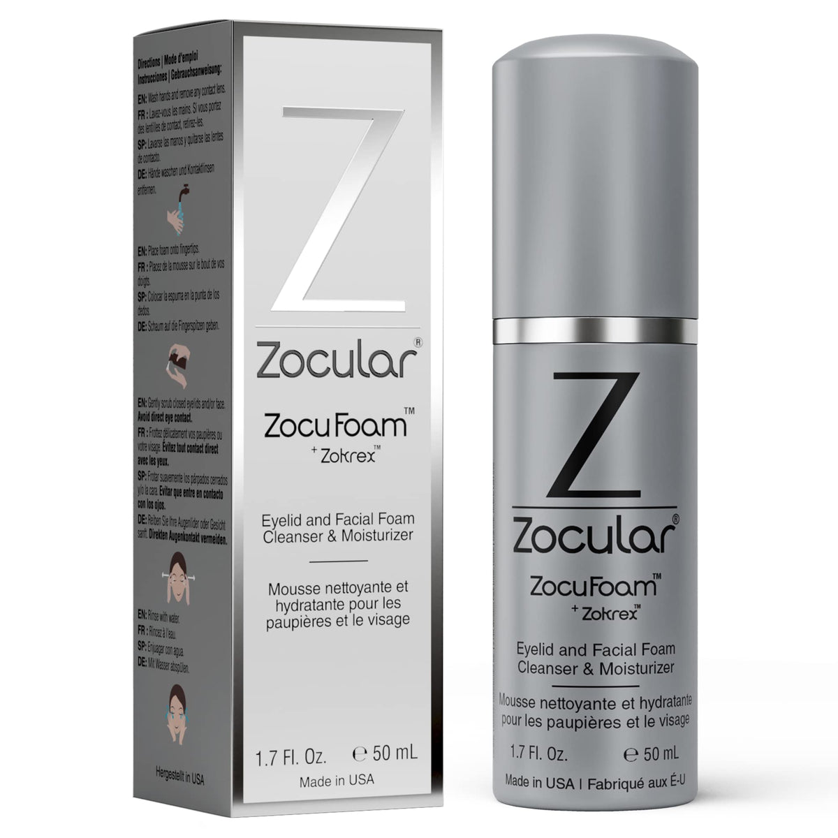 Zocular ZocuFoam frente del envase mostrando 50 mL y diseño claro beneficios de limpieza