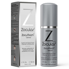 Zocular ZocuFoam frente del envase mostrando 50 mL y diseño claro beneficios de limpieza