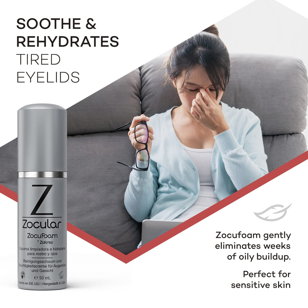 Zocular ZocuFoam con extractos botánicos cerca ilustrando ingredientes naturales calmantes