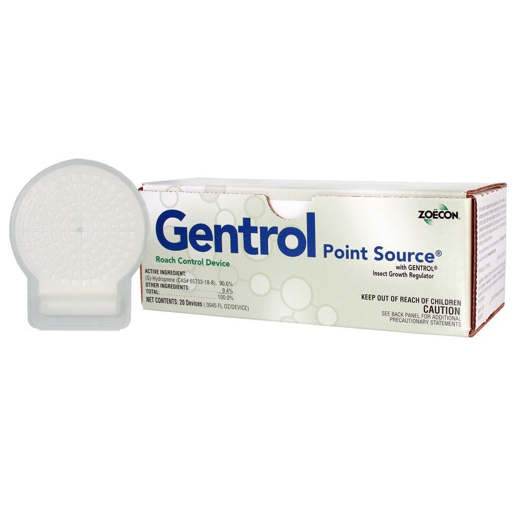 ZOECON dispositivo Gentrol Point Source frontal mostrando adhesivo y beneficio de control prolongado