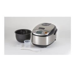 Zojirushi side profile highlighting stainless-steel housing and compact footprint benefit
