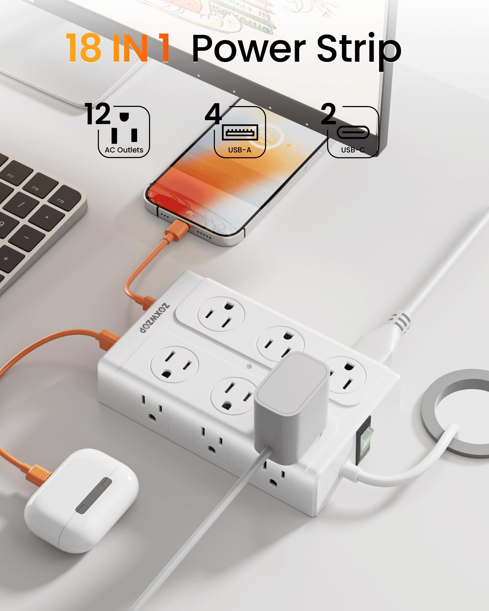 Zoxwzop primer plano de puertos USB‑A y USB‑C, carga seis dispositivos simultáneamente