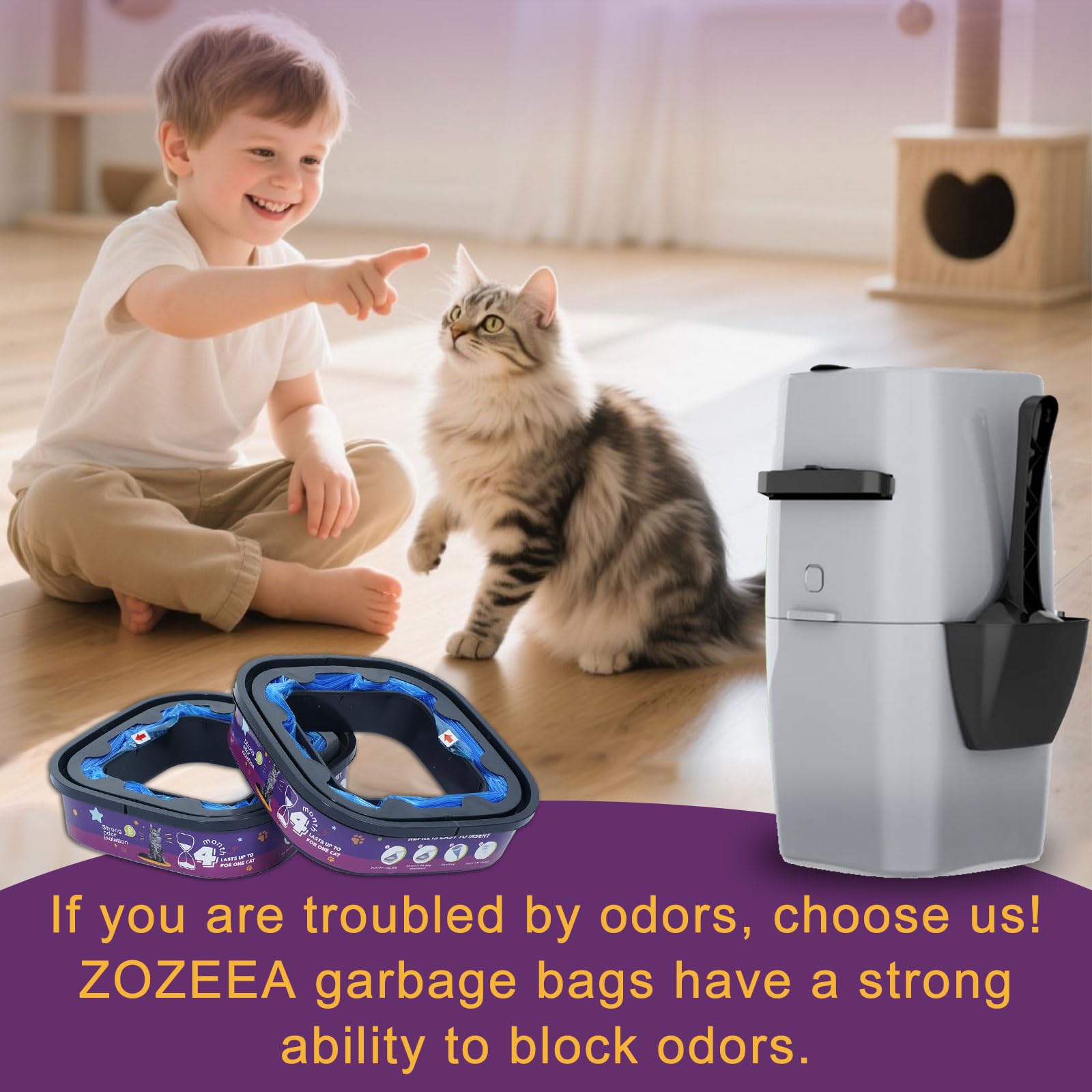 ZOZEEA escena de hogar limpio con paila y bolsa para ambiente sin olores
