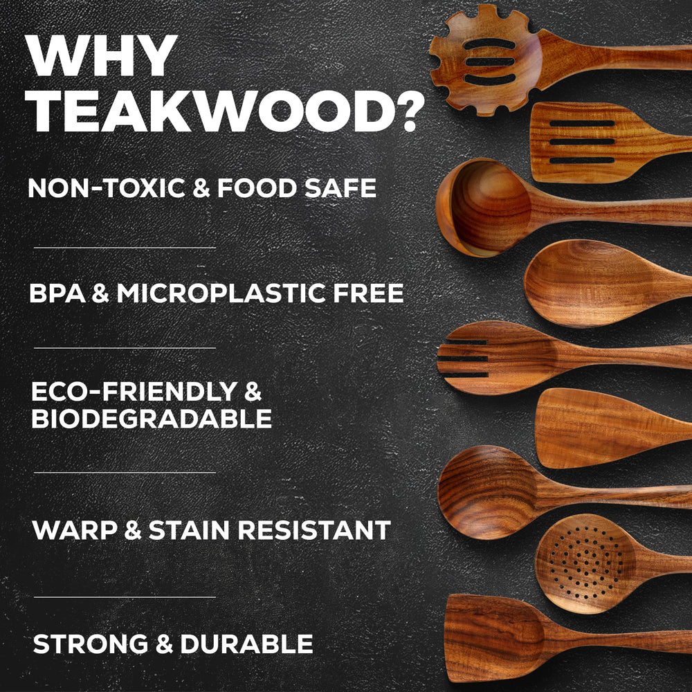 Zulay Kitchen utensils beside a nonstick skillet, prevents scratching