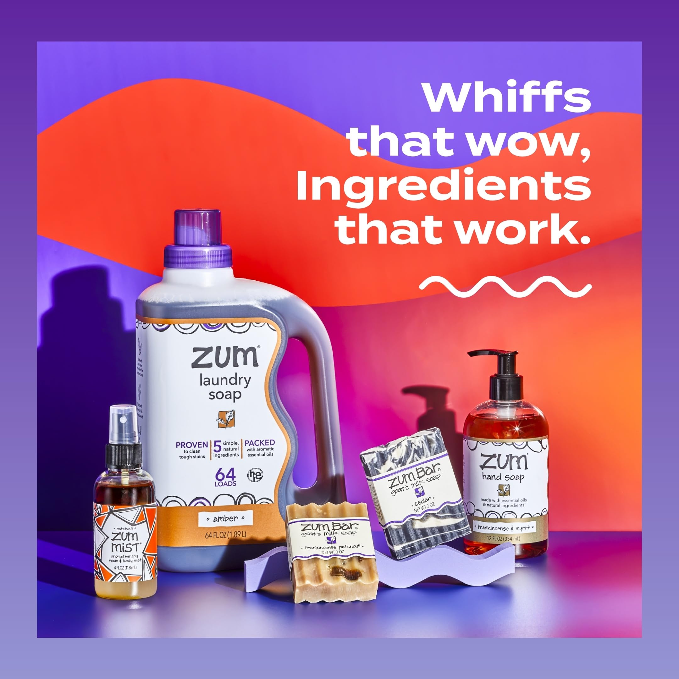 Zum laundry soap on a bathroom shelf among towels suggesting home-ready, natural cleaning