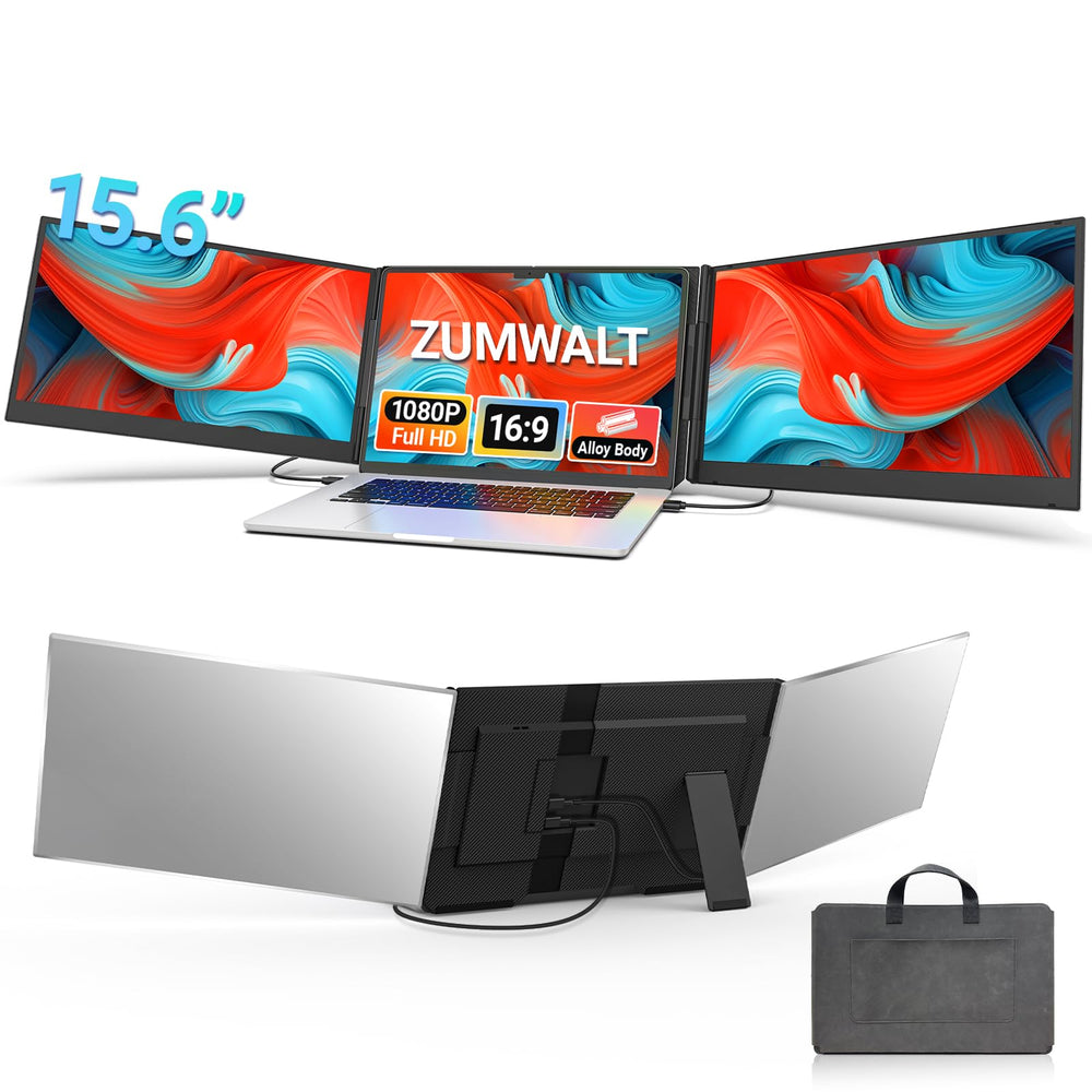 ZUMWALT front view showing dual 15.6" screens and clean desk benefit