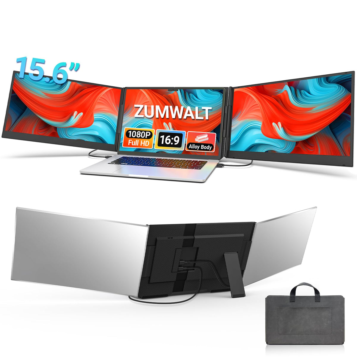 ZUMWALT front view showing dual 15.6" screens and clean desk benefit