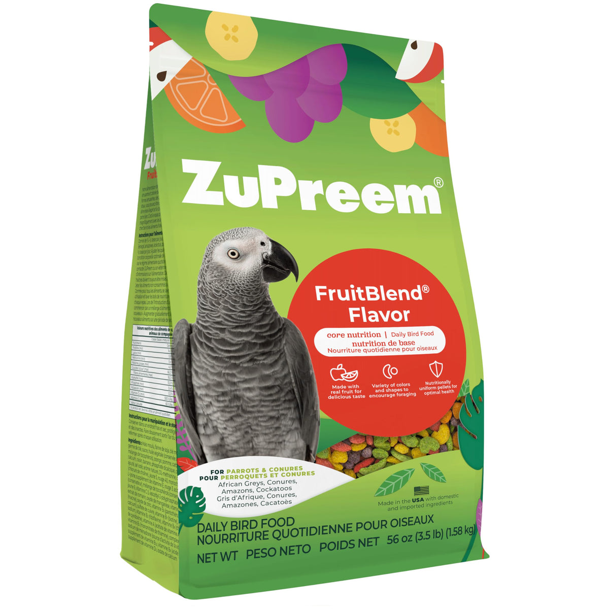 ZuPreem front packaging showing 3.5 lb bag and colorful pellets benefits convenience