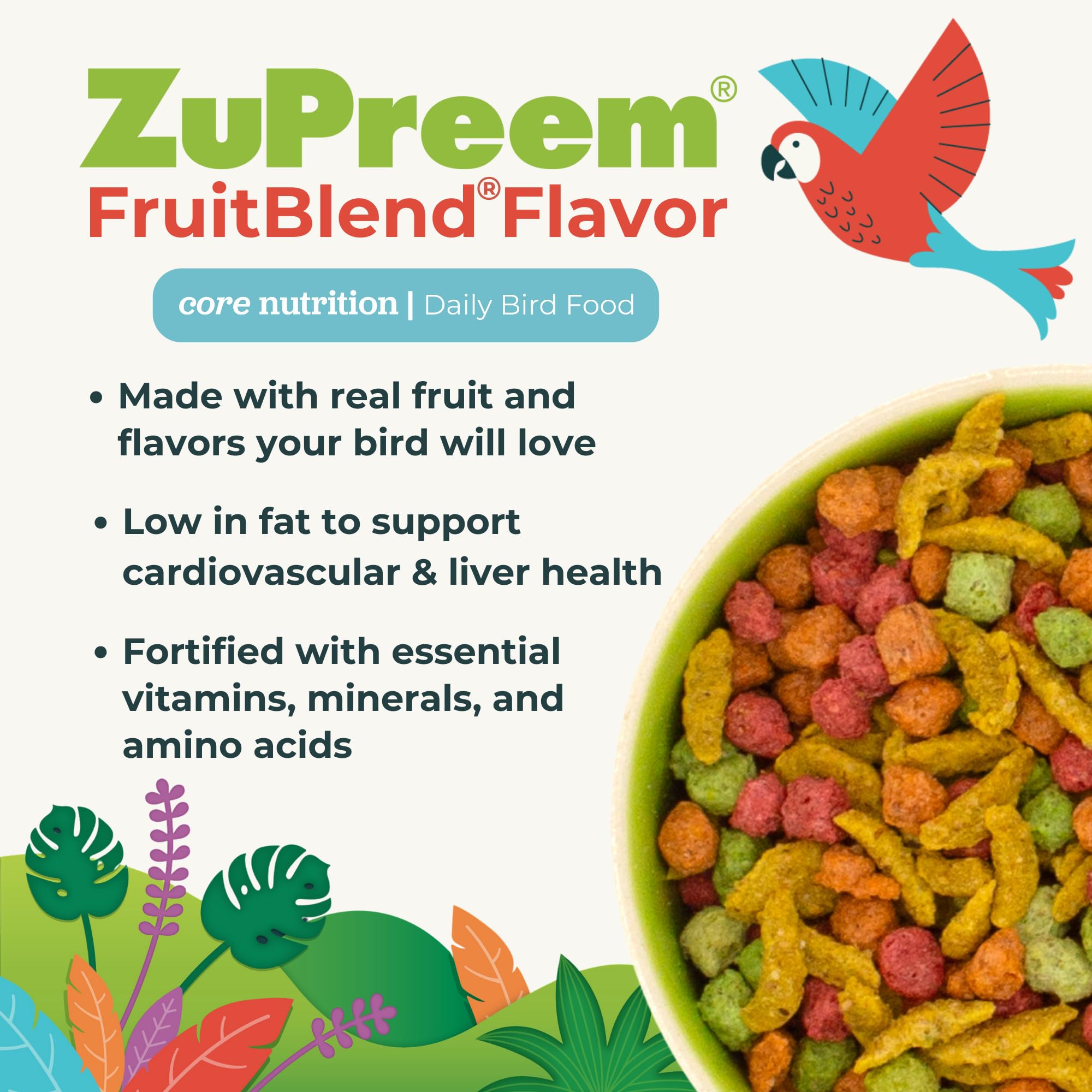 ZuPreem gránulos en primer plano, resalta textura y atractivo frutal