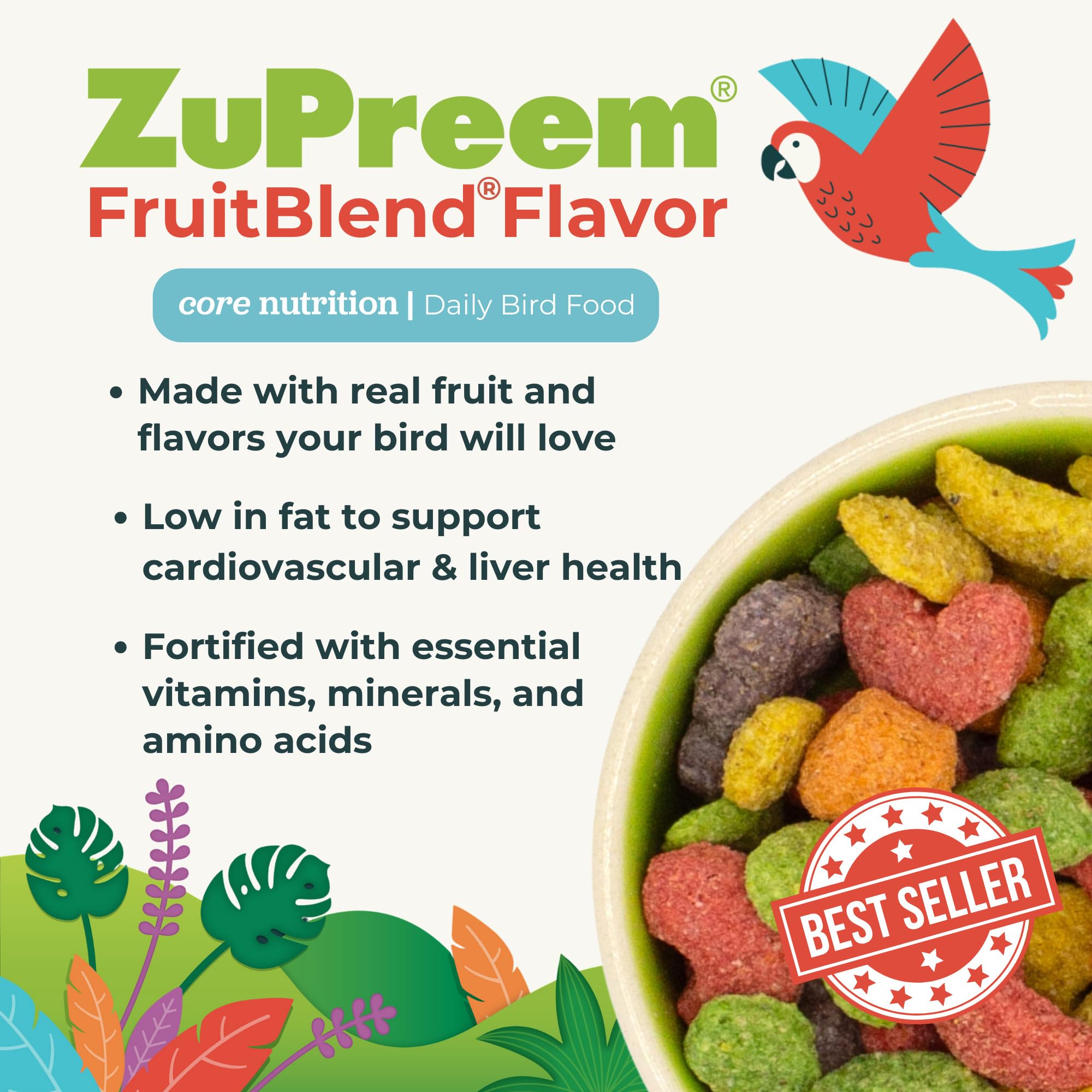 ZuPreem close-up of fruit-shaped pellets highlighting texture and visual appeal